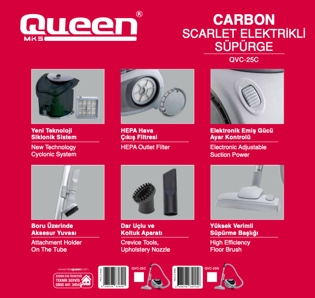 Queen Carbon 900 Watt QVC-25C 60% Energy Consumption 430 Watt Vacuum Cleaner Total reach of 7.5 meters - Thumbnail